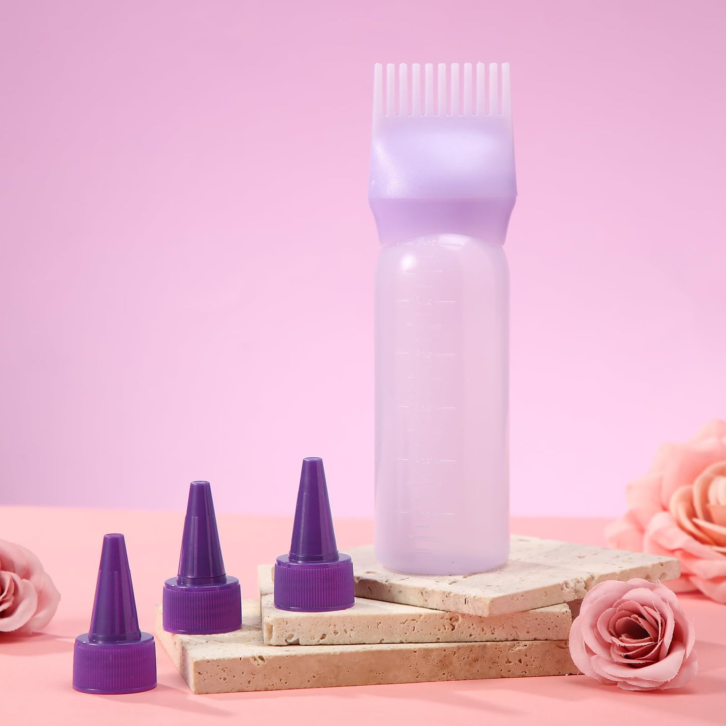 ProSuites Hair Oil Applicator Bottle with 3PCS Pointed Mouth Cover 6 Ounce Hair Dye Bottle Root Comb Applicator for Scalp (Purple)