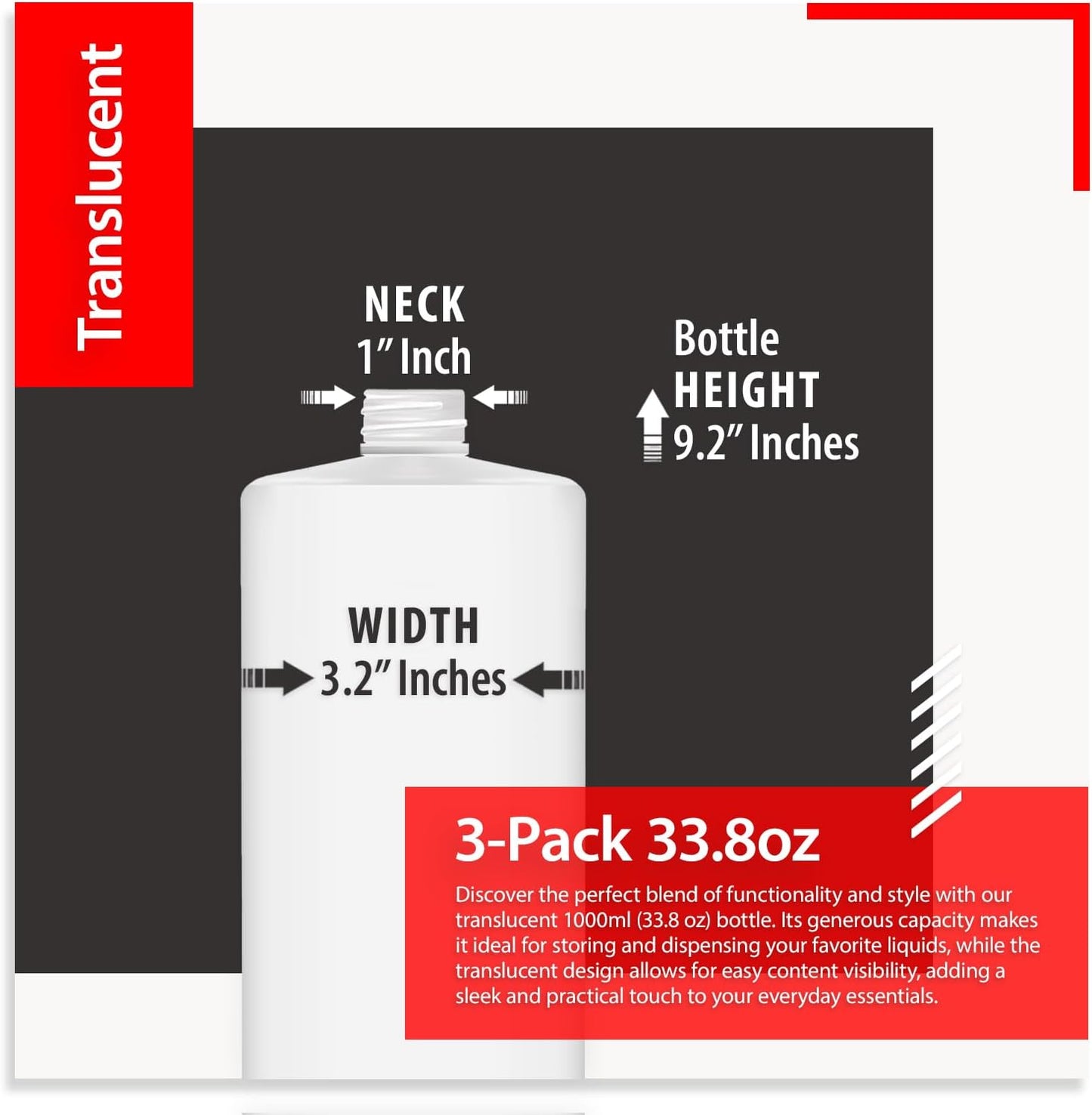 33.8oz HDPE Plastic Bottles 3-Pack with 9 Versatile Caps - BPA-Free, Food Safe for Shampoo, Condiments & More