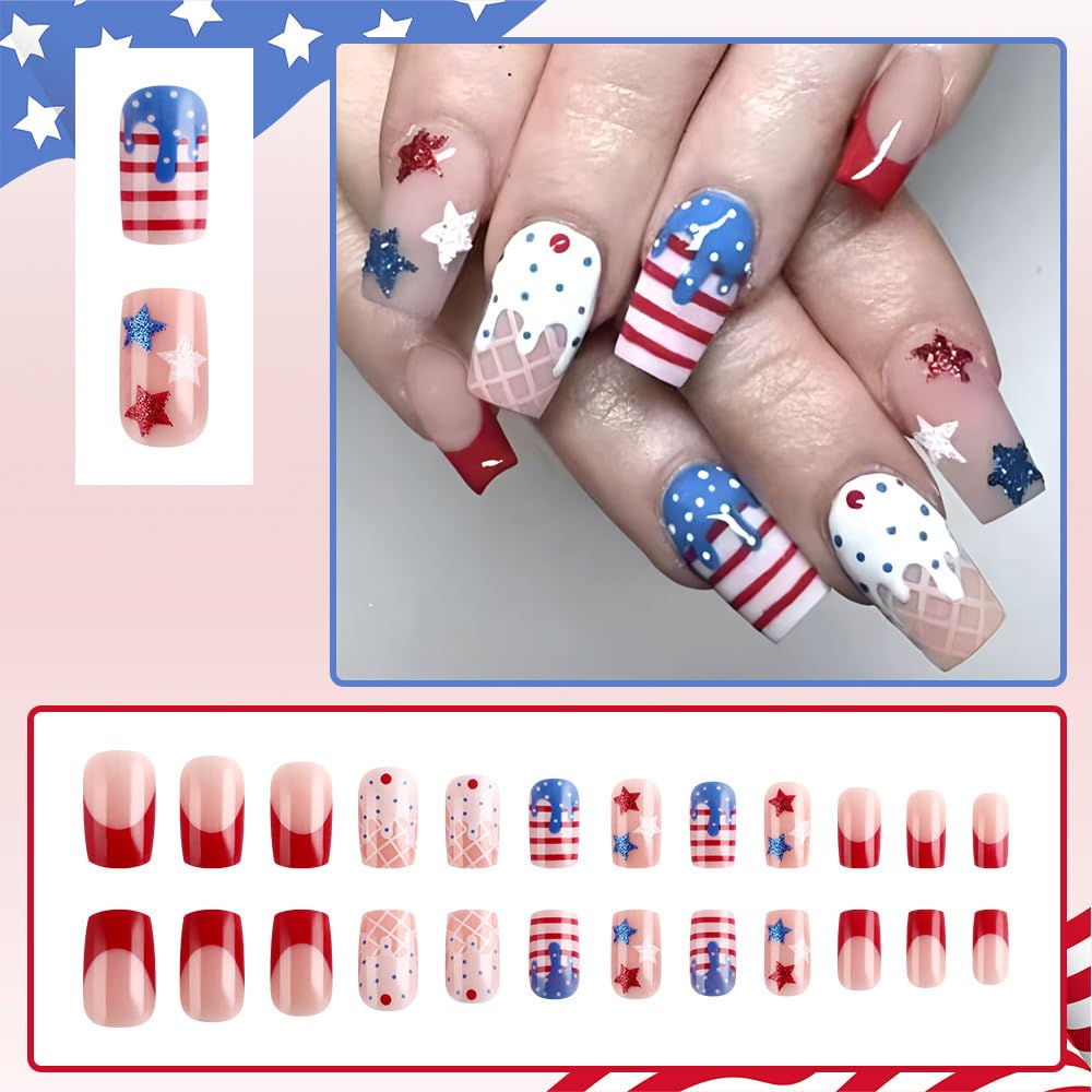 24 Pcs 4th of July Press On Nails Short Square,YEFIUO Pink Fake Nails Press ons Red French Nail Art Tips Acrylic Nail Kit Glue on Nails Full Cover False Nails with Independence Day Design for Ma'am