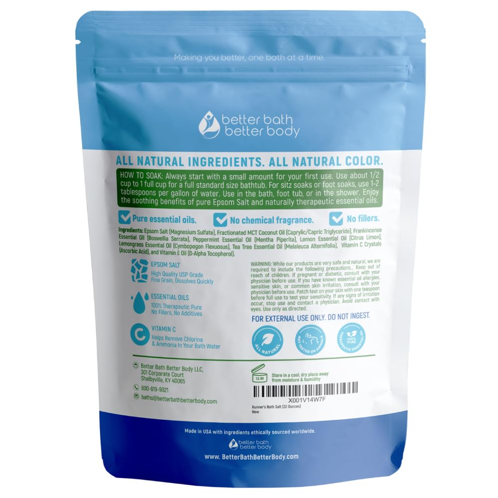 Runner's Bath Salt 32 Ounces Epsom Salt with Natural Peppermint, Frankincense, Lemon, Cypress, Tea Tree and Lemongrass Essential Oils Plus Vitamin C in BPA Free Pouch with Easy Press-Lock Seal
