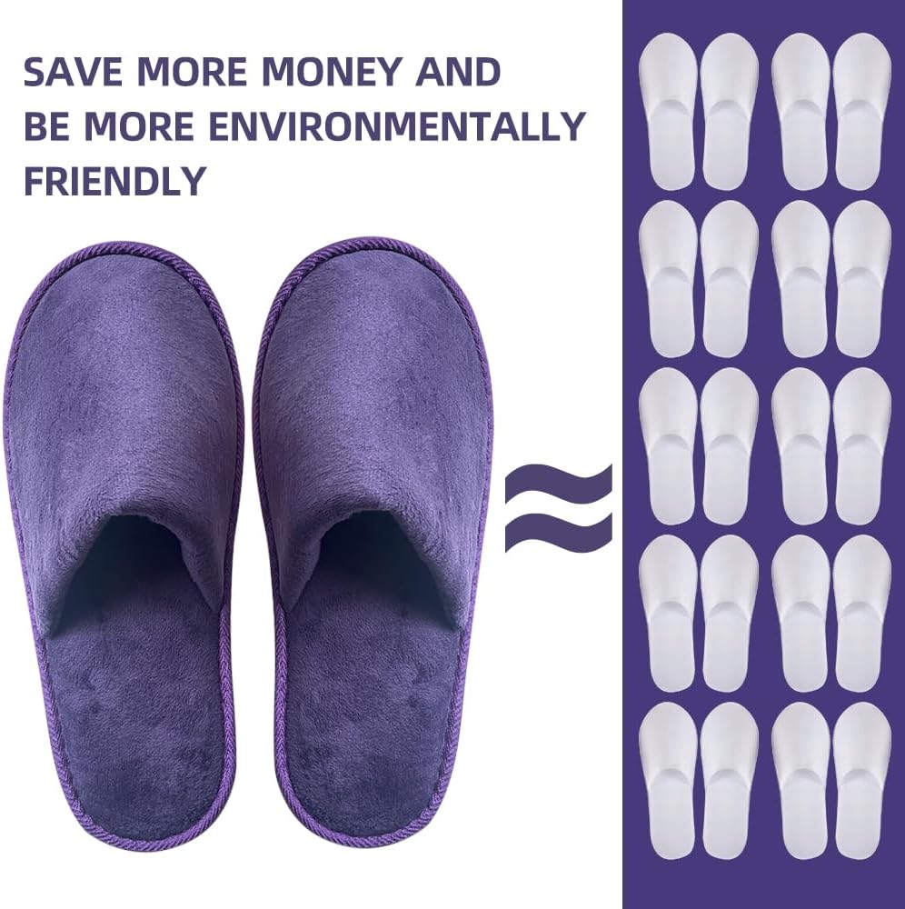 Non-Slip Disposable Slippers - 2-6 Pairs, Washable Velvet Closed Toe for Guests, Hotel & Spa