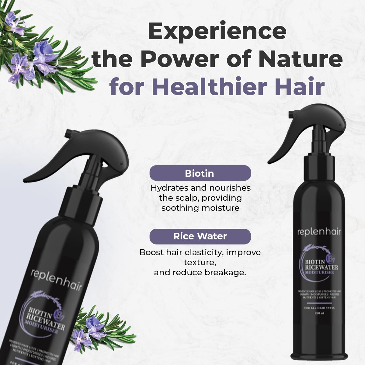 Replenhair Rice Water Biotin Hair Growth Spray - Leave In Conditioner Infused with Biotin Oil & Essential Oil for Hair Growth, Reduces Hair Fall, Dandruff & Promotes Thicker Hair - 250ml