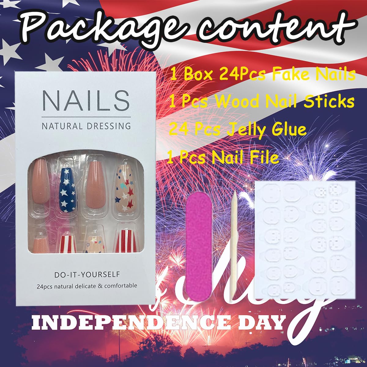 24 Pcs 4th of July Press on Nails Medium Coffin Fake Nails Glossy Nude Acrylic Nails with USA Flag Designs Independence Day Glue on Nails Patriotic Artificial False Nails for Women Nail Art Decoration