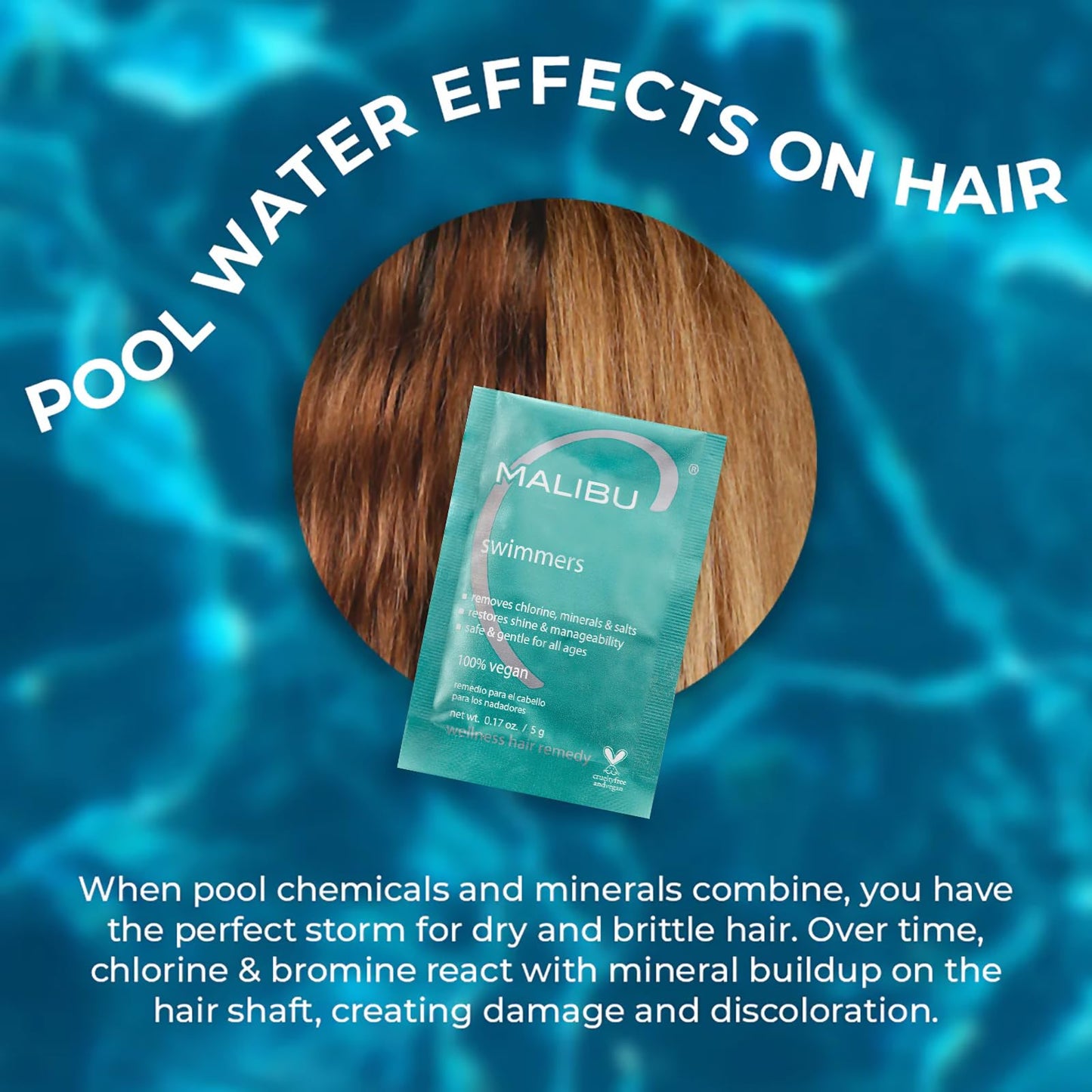 Malibu C Swimmers Wellness Remedy & After Pool Hair Care - Restoring & Hydrating Swim Treatment with Vitamin C Complex - Protects Against Discoloration from Chlorine, Salt Water & Build Up (3 Packets)