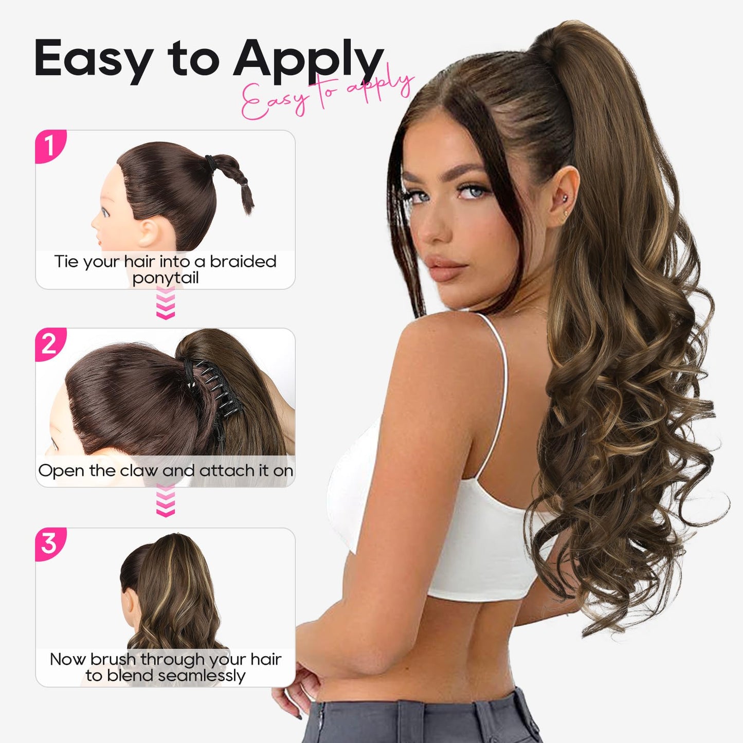 REECHO Ponytail Extension, 24" Claw Clip in Ponytail Extensions Long Curly Wavy Ponytail Hair Extension Jaw Clip on Pony Tails Hairpiece for Women - Medium Blonde with Blonde Highlights
