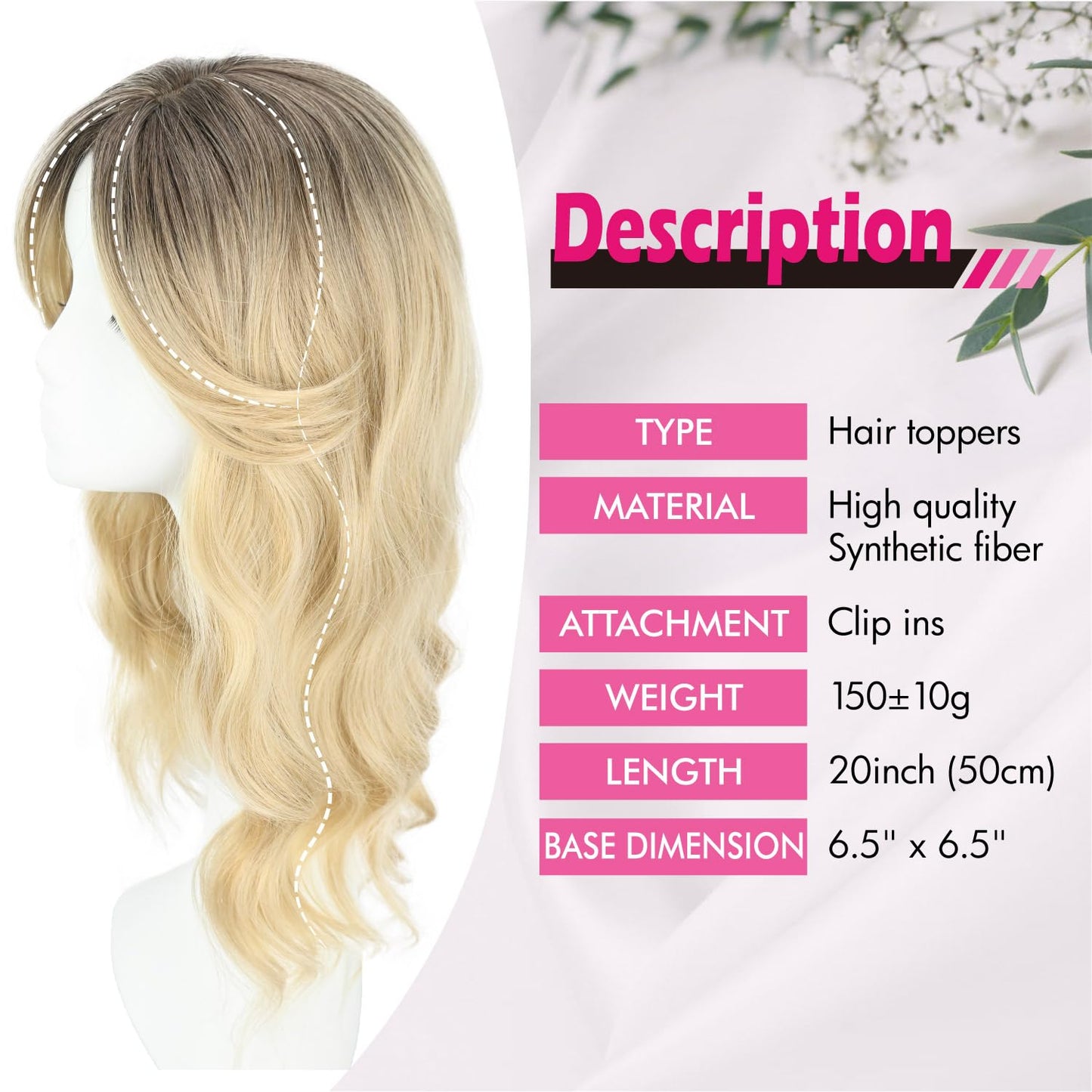 UAmy hair Toppers For Women with Thinning Hair 20inch Long Wavy Curly Hair Topper with Curtain Bangs 6.5 * 6.5inch Synthetic Wiglets HairTop Hairpieces(Champagne Mix Ash Blonde with Dark Roots)