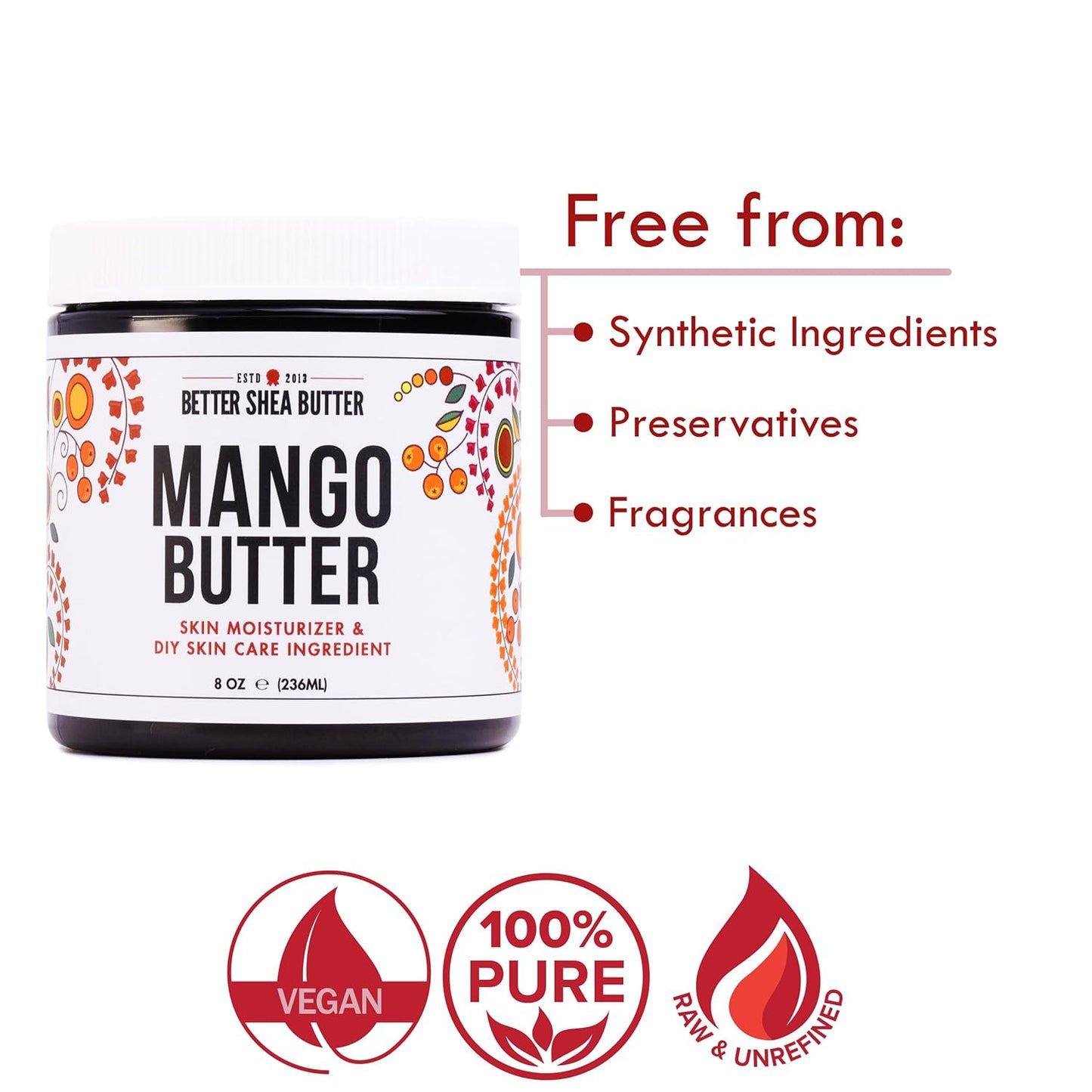 100% Pure Raw Mango Butter - Natural Moisturizer for Skin & Hair - 8 oz Jar for DIY Body Butter, Lip Gloss & Lotion Bars
