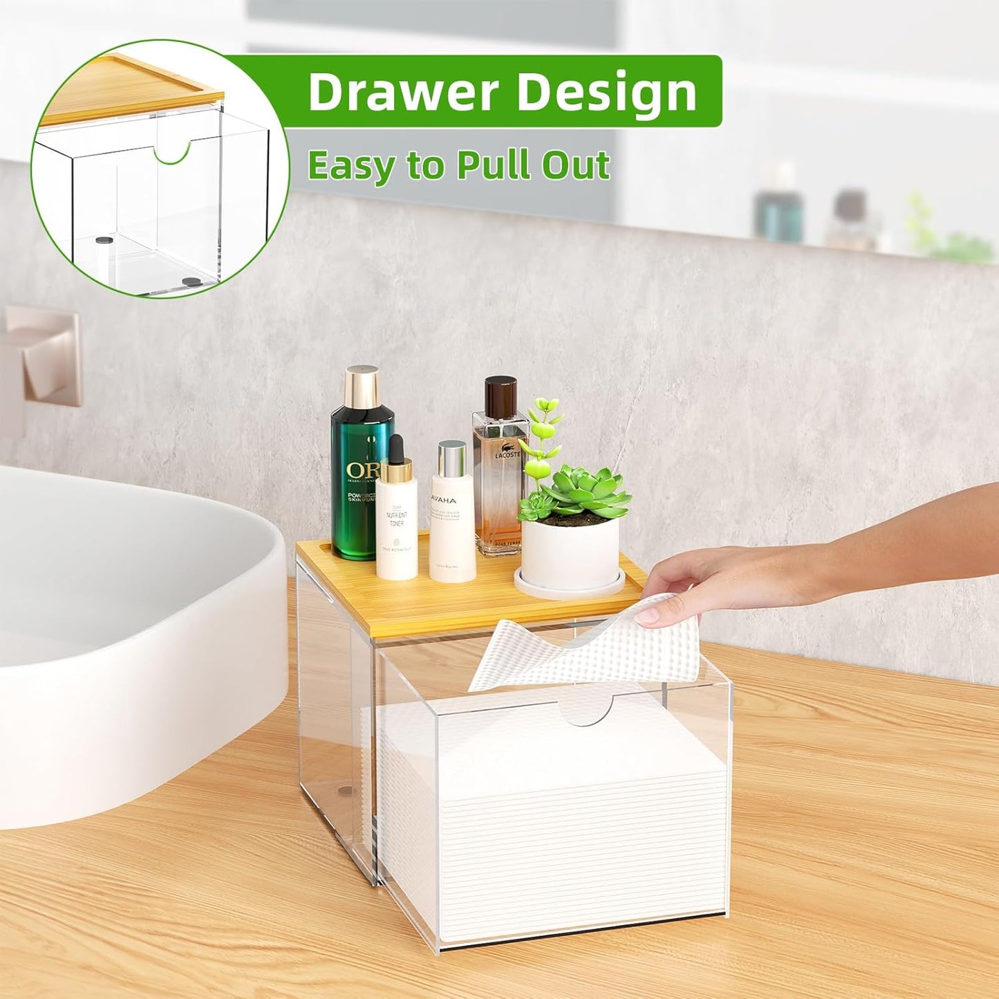 VITVITI Acrylic Face Towel Holder Box - Large Disposable Towel Storage with Bamboo Lid for Bathroom & Vanity