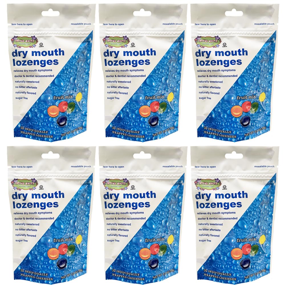 Cotton Mouth Lozenges Dry Mouth Relief Fruit Mix 3.3oz Bag (6 Bags) | Relieves Dry Mouth & Increases Saliva Production, Sugar Free, Gluten Free, Delicious Fruit Flavor, Individually Wrapped, 30 Ct