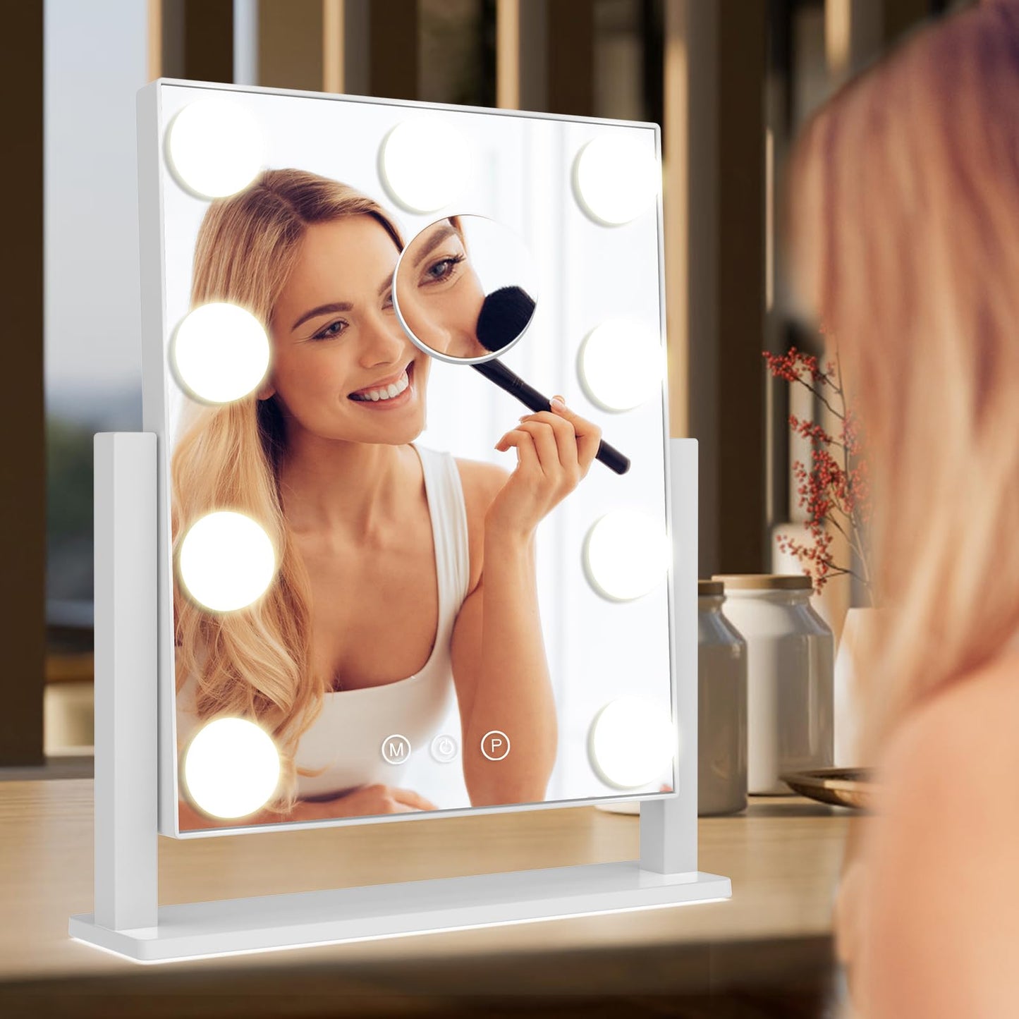 Vanity Mirror with Lights, Hollywood Lighted Makeup Mirror with 3 Color Lighting Modes and 9 Dimmable Bulbs, Detachable 5X Magnification, Smart Touch Control, 360°Rotation, White