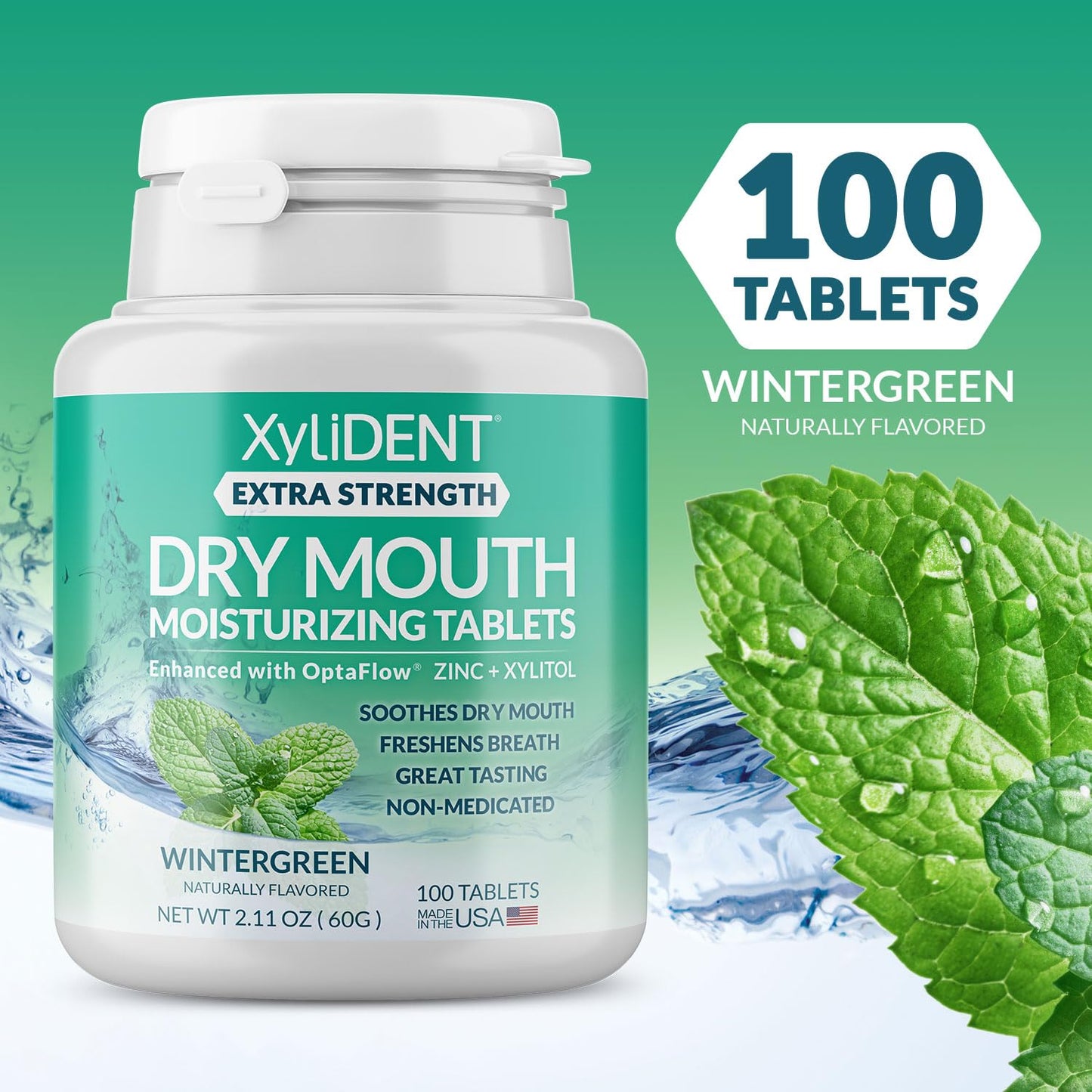 XyliDENT Extra Strength Xylitol Tablets for Dry Mouth Relief - Stimulates Saliva, Freshens Breath, Reduces Acid Production, Fast Acting Relief, 100 Count (Wintergreen)