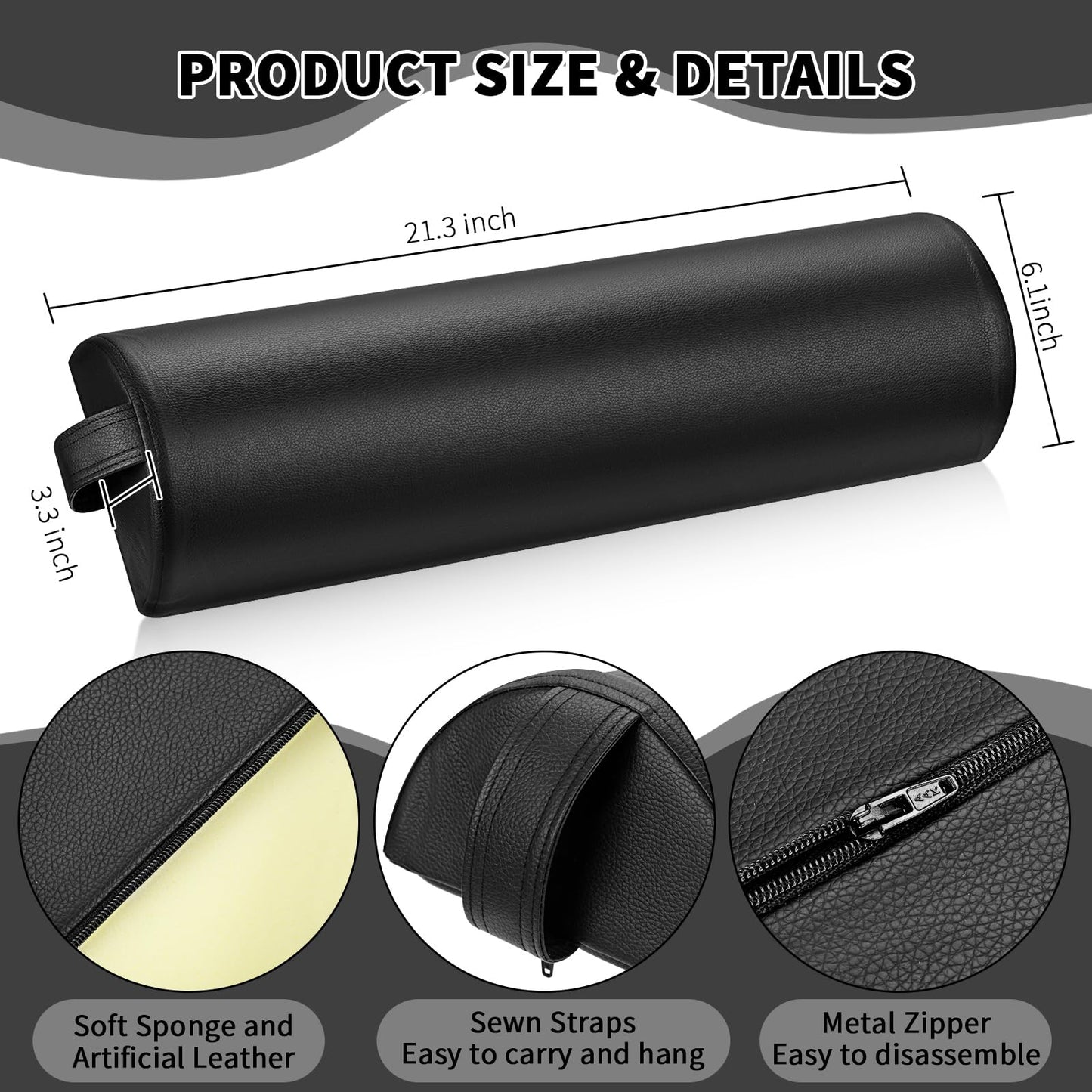 Ripeng 4 Pcs Half Round Massage Table Bolster Pillow Pad Semi-Round Massage Pillow Cushion with Strap Handle Black Durable Professional Bolster Support Pad for Leg, Knee, Neck, Back, Spa
