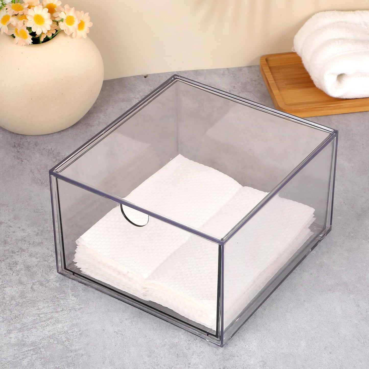 2 Pcs Disposable Face Towel Holder, Face Towel Storage Box Bin, Stackable Clear Makeup Organizer with Drawer for Clean Skin Club Face XL Towels Holder for Vanity Bathroom and Makeup Organization