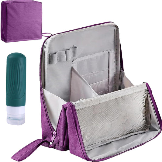 DASHENRAN Standing Makeup Bag, Portable, Large Capacity, Doresty Stand up Makeup Bag, Vertical Large Opening Waterproof Multifunctional Make up Bags with Compartments, Travel-Friendly (Purple)