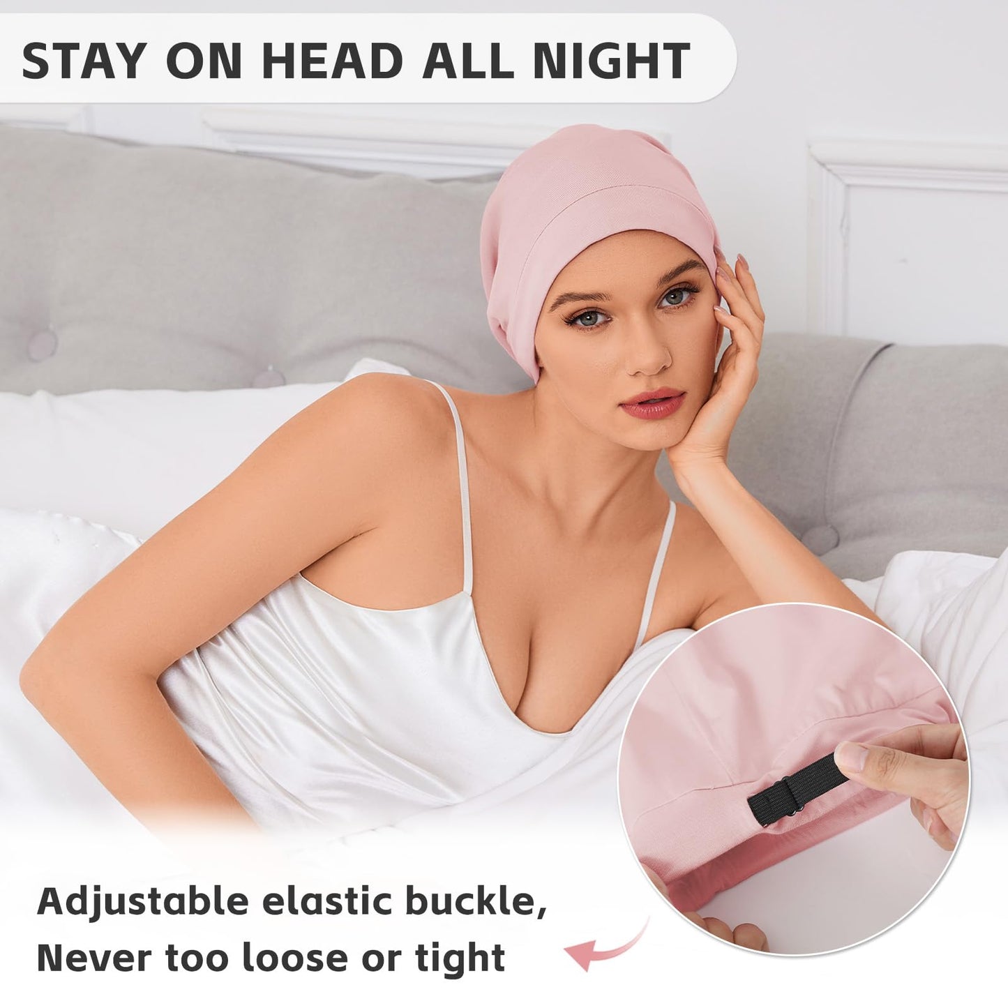 Silk Bonnet for Sleeping Women, Adjustable Silky Satin Lined Sleep Cap, Silk Hair Wrap for Sleep Night Cap for Natural Curly Hair 2PCS(Black&Pink)