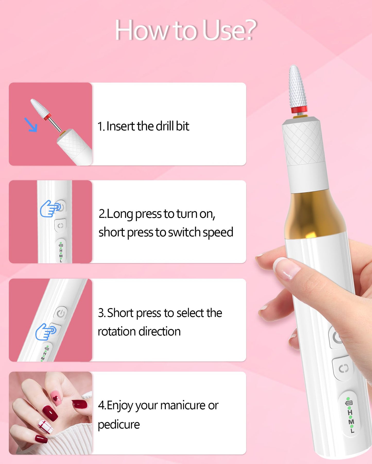 DEEHENK Nail Drill,Cordless Electric Files for Gel Nails E-File Manicure Kit Women Rechargeable Drill para Uñas Profesional Machine Grinder Acrylic White (M918)