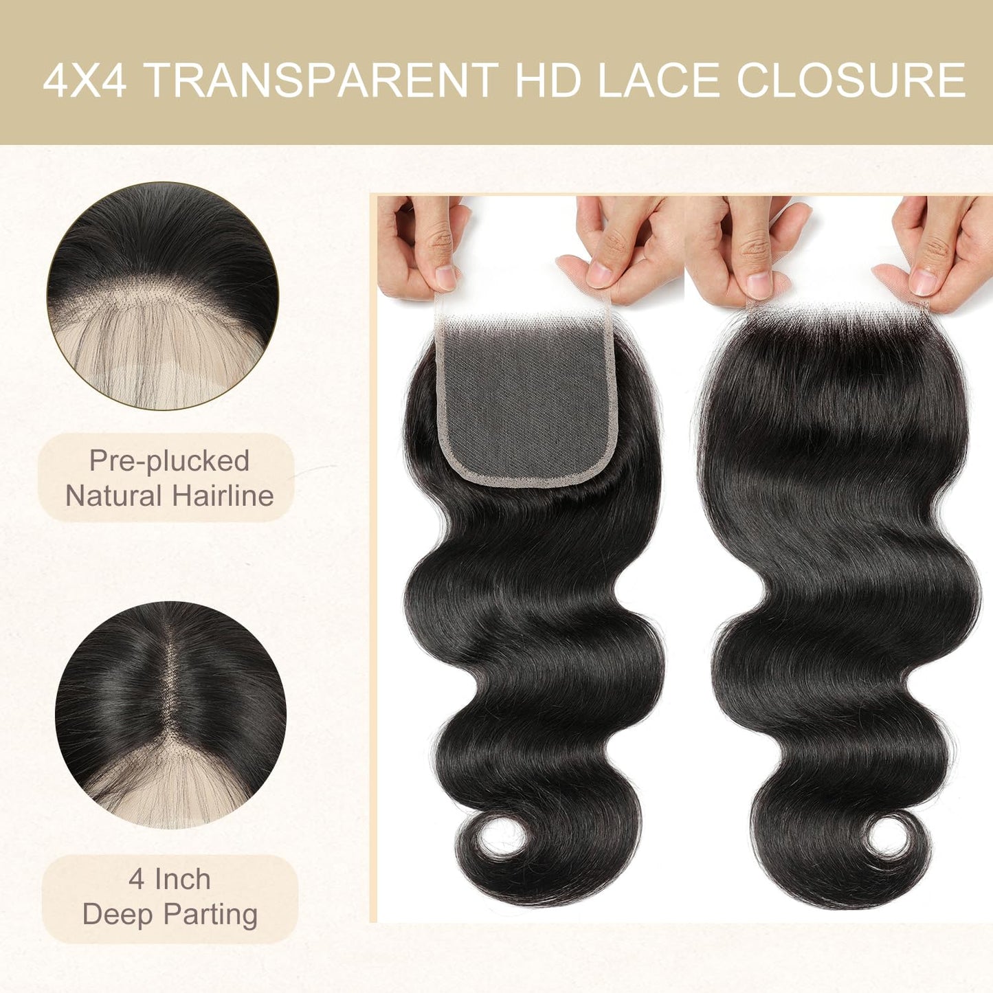 5x5 HD Lace Closure Body Wave Human Hair - Pre-Plucked Natural Hairline (10 Inch, Natural Color)