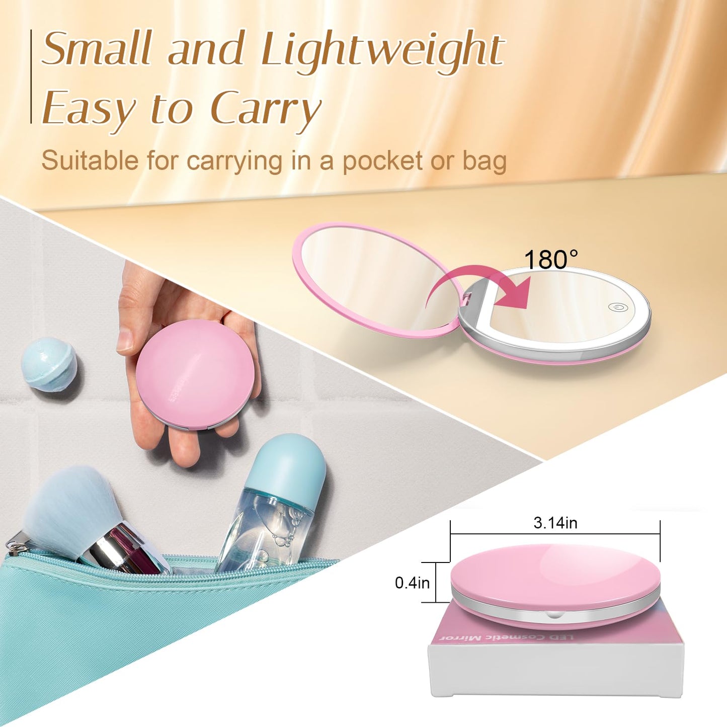 Kakuje Compact Mirror with Light, 1X/3X Magnification LED Pocket Mirror with USB Data Cable,Mini Mirror for Purse, Pocket,Travel and Present (Pink)