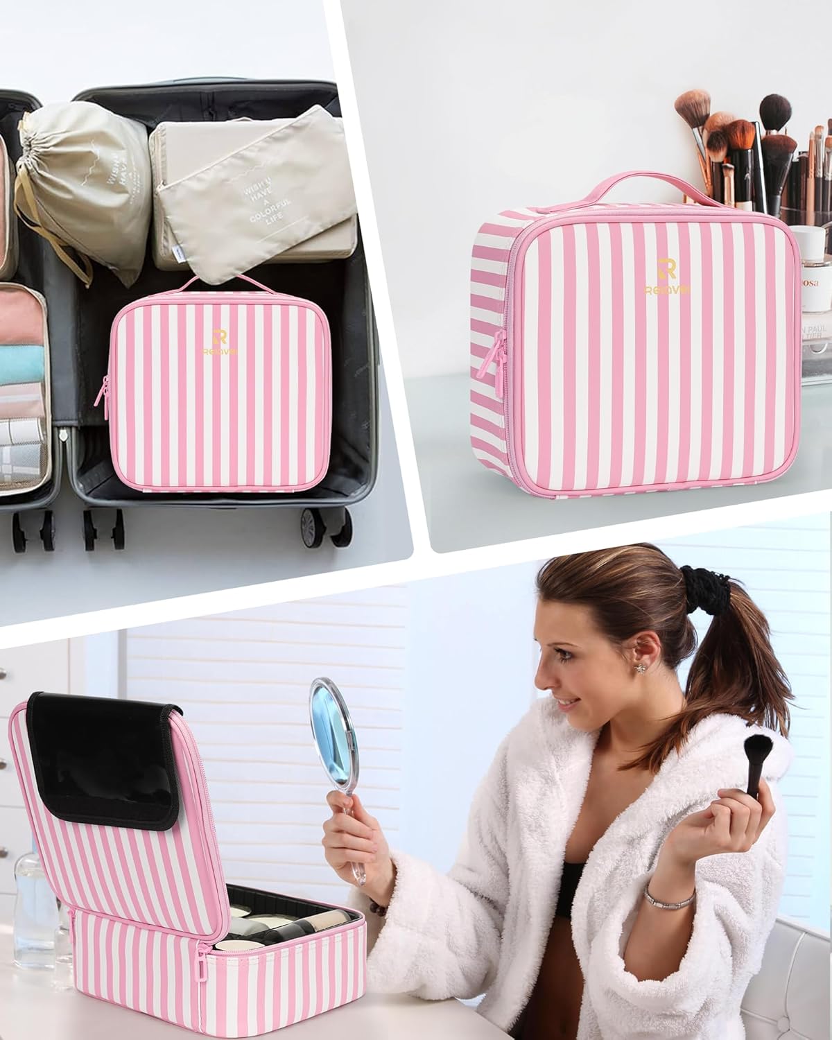 Relavel Portable Travel Makeup Case Organizer with Adjustable Dividers - Black Cosmetic Storage for Brushes, Toiletries & Jewelry