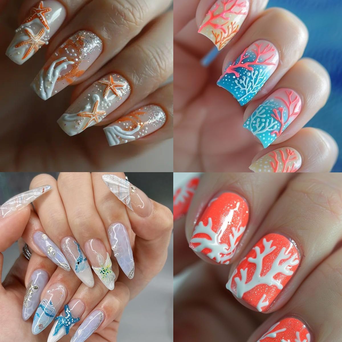 2 Sheets Summer Ocean Nail Art Stickers Ocean Shells Starfish Marine Animal Nail Stickers 3D Self-Adhesive Nail Decals for Women DIY Holiday Manicure Decoration Supplies