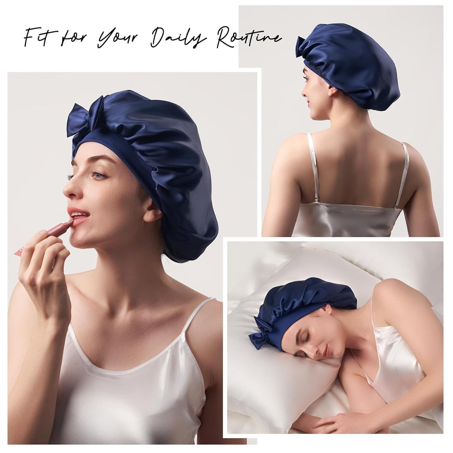 22 Momme Mulberry Silk Bonnet for Women - Double-Sided Non-Slip Sleep Cap for Long Curly Hair, Adjustable Band, Ebony