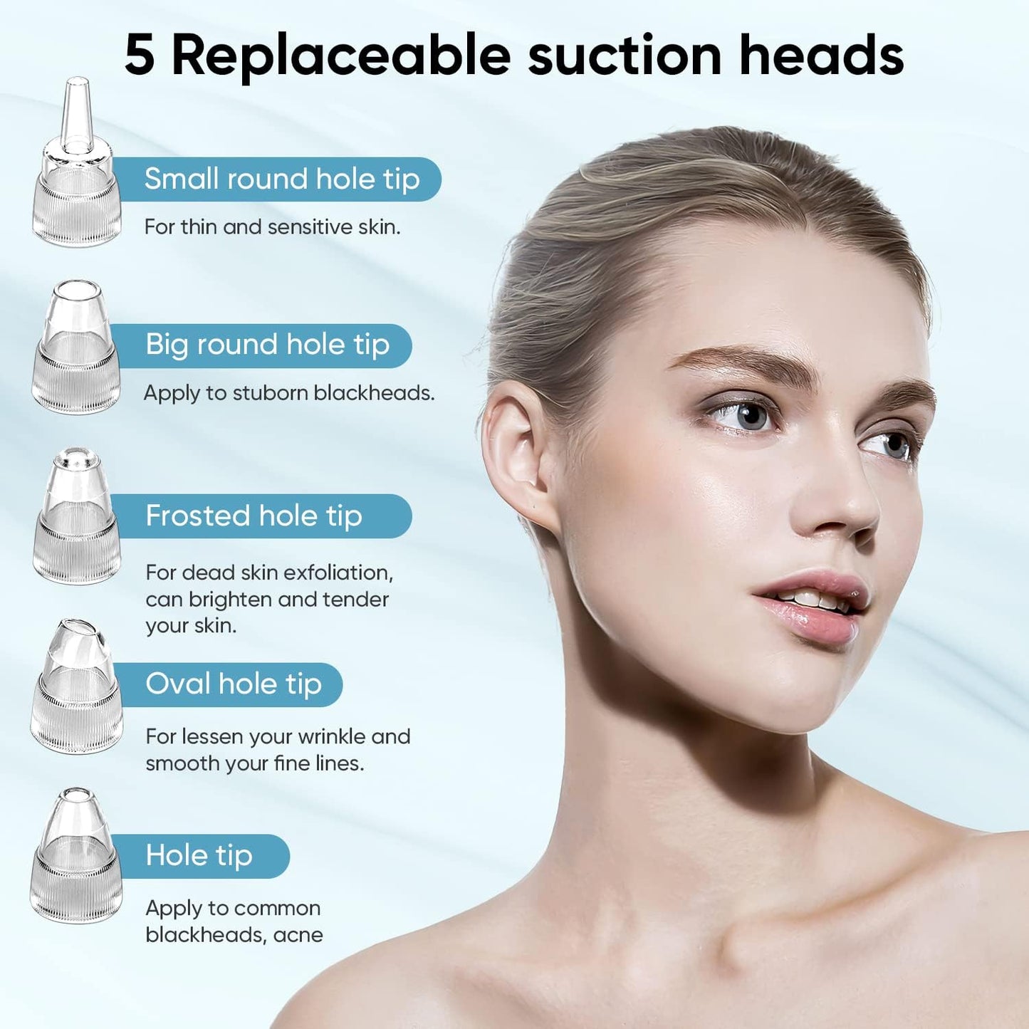 Deep Cleansing Blackhead Remover Vacuum – USB Rechargeable Pore Cleaner with 3 Suction Levels & 5 Tips