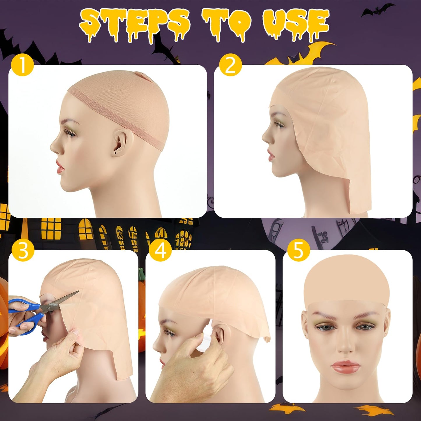 Morcheiong 2/4/8 Pieces Bald Cap for Halloween Costumes Makeup Latex Bald Head Wig Caps Bald Cosplay for Adults Women (Classic Style, 2)