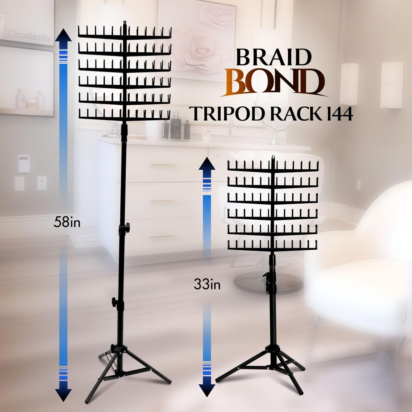 Laflare Standing Braid Hair Organizer – 144 Pegs Hair Extension Holder, Divider & Display Stand for Hair Braiding, Height Adjustable Rack, Easy to Assemble (Black-Combo)