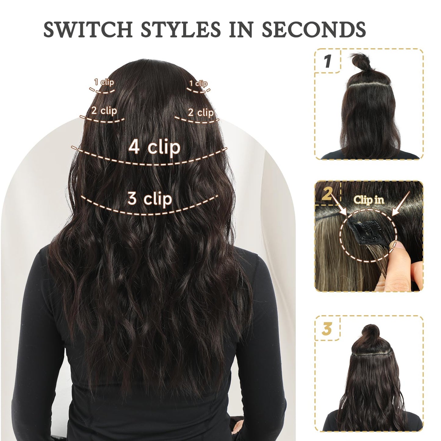 Fliace Clip in Hair Extensions, 6 PCS Natural & Soft Hair & Blends Well Hair Extensions, Dark Brown Long Wavy Hairpieces(20inch, 6pcs, Dark Brown)