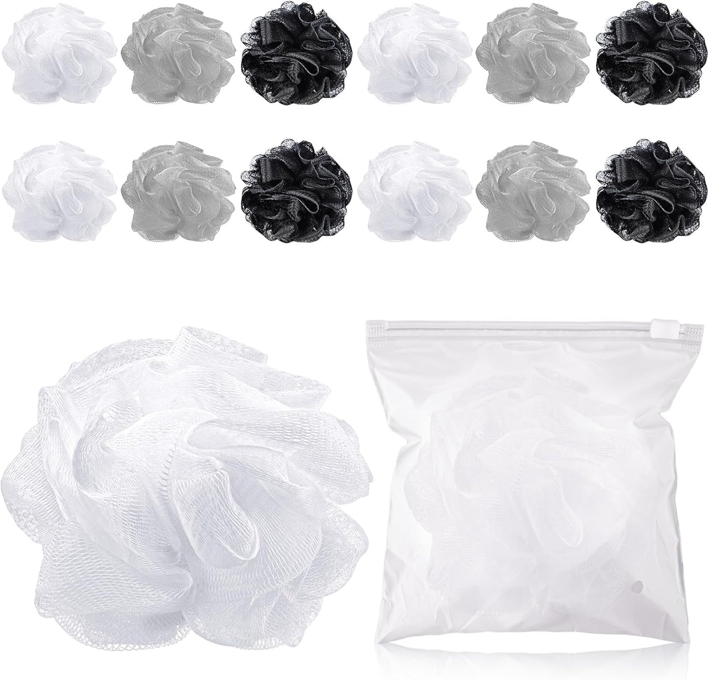 Travel Size Loofah Set - 12 Individually Wrapped Mini Bath Sponges with Case (Black, 25g)