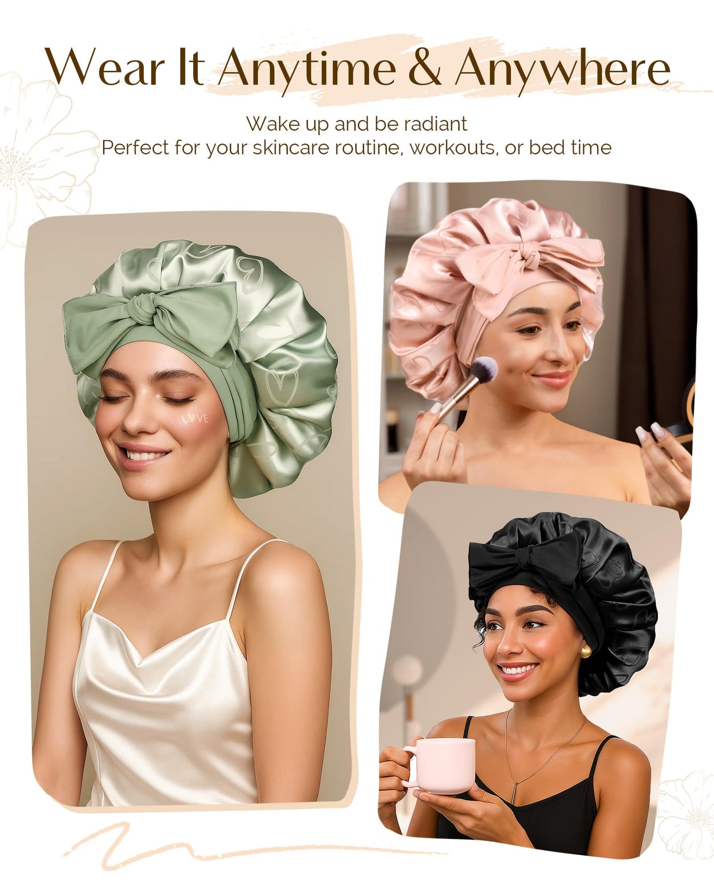 YANIBEST Adjustable Satin Bonnet for Sleeping, Double Layer Silk Bonnet with Tie Band for Women, Sleep Cap Curly Natural Hair, Pink