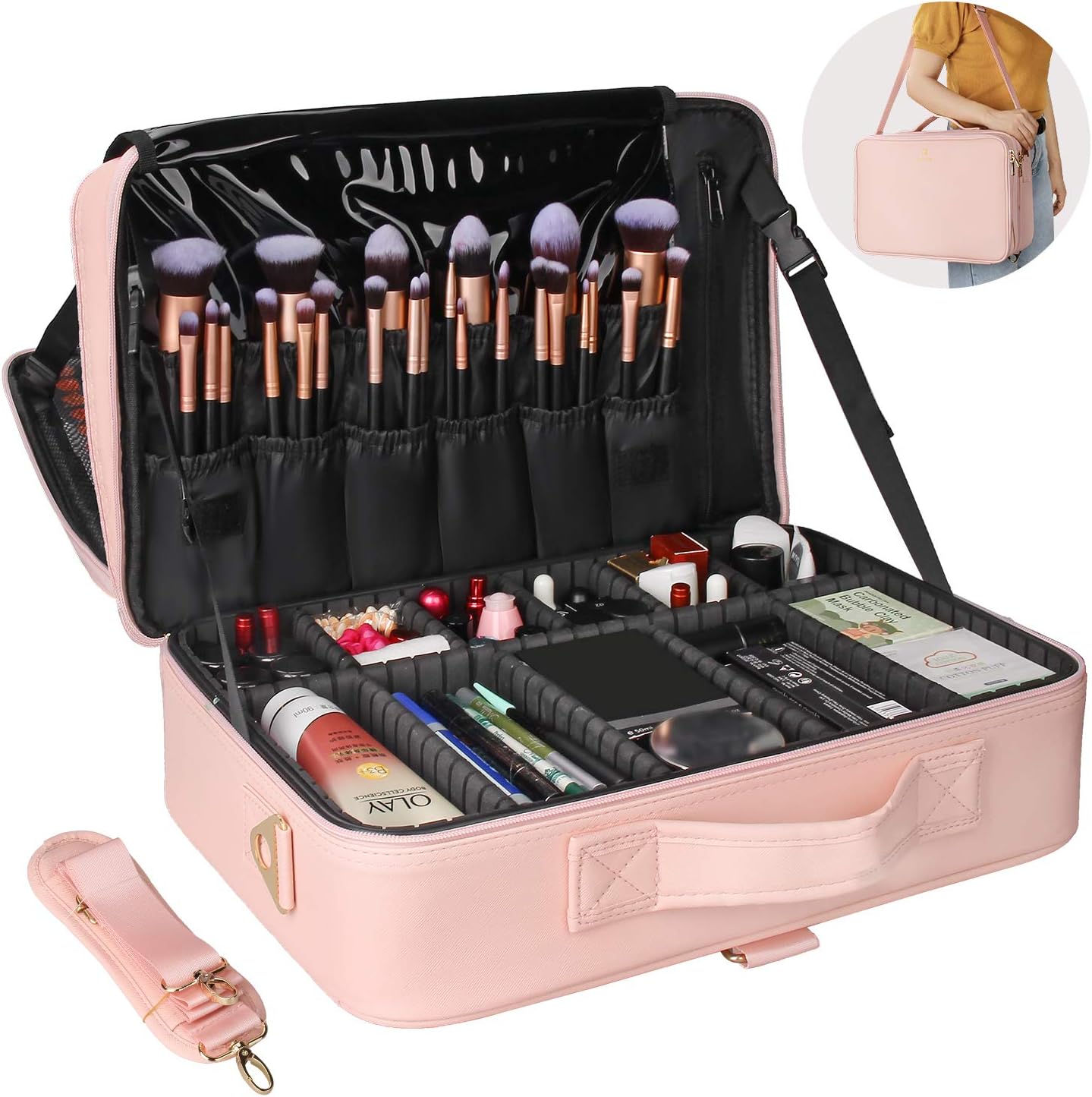 Relavel Portable Travel Makeup Case Organizer with Adjustable Dividers - Black Cosmetic Storage for Brushes, Toiletries & Jewelry