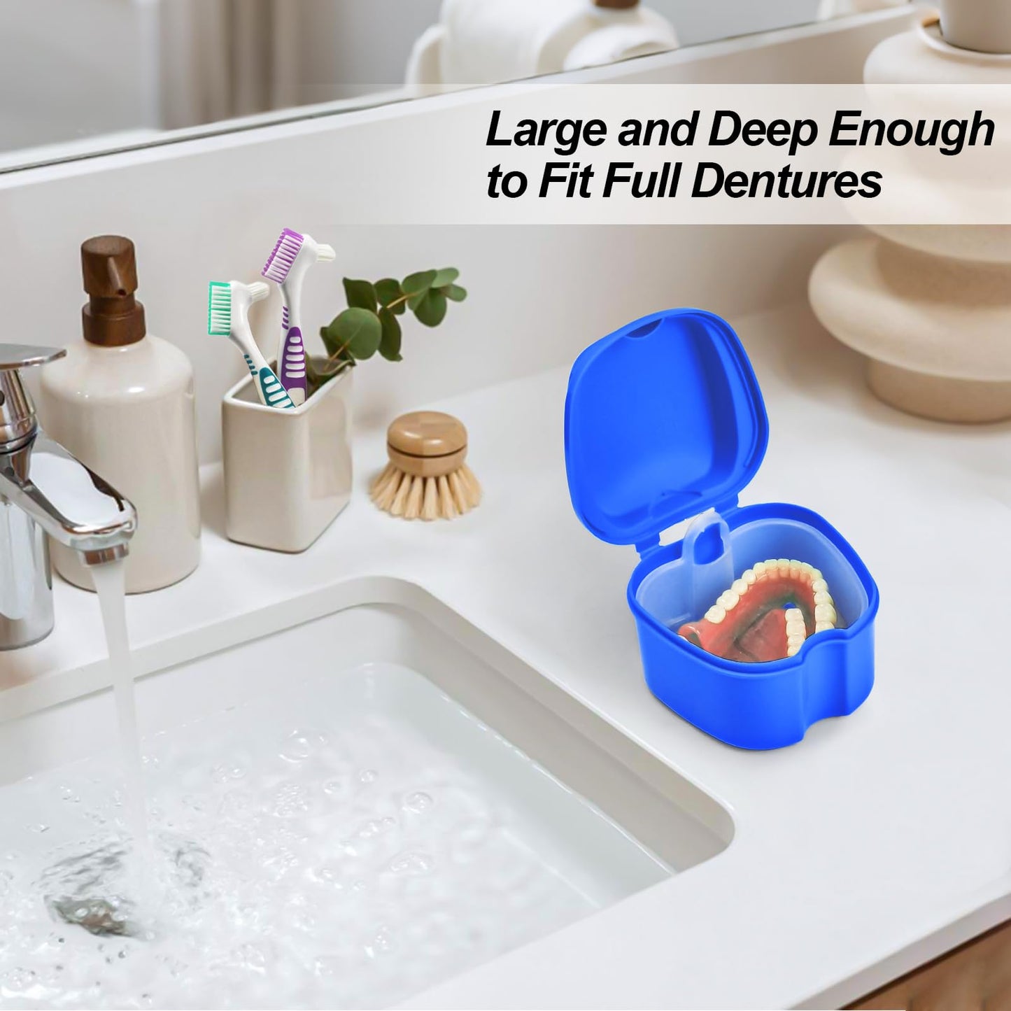 2 Pack Denture Bath Case Cup with Lid and Strainer Basket, Retainer Cleaner Case Dental False Teeth Container with 2 Travel Brushes, Lake Green and Dark Blue