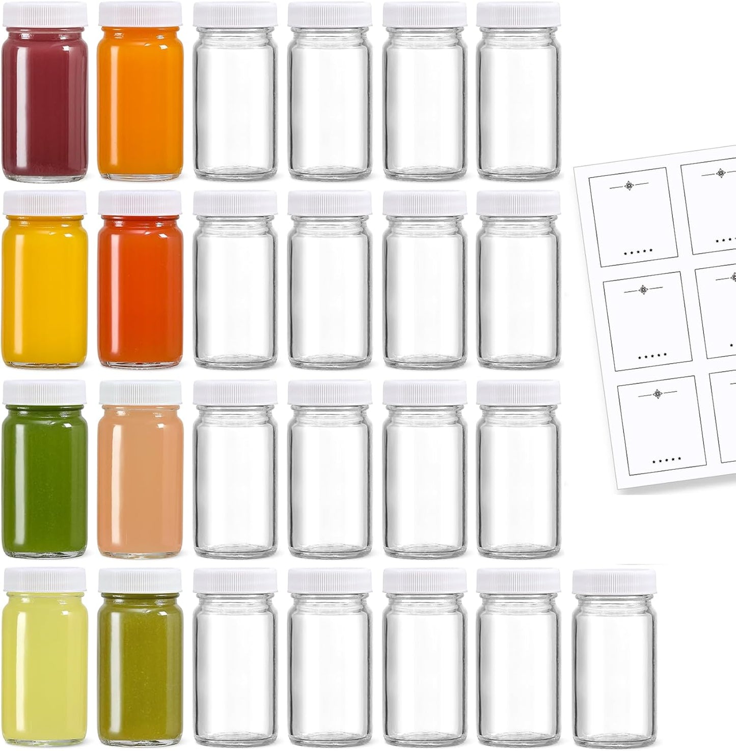 20 Pack Mini Glass Shot Bottles 2 oz with Lids & Labels - Leakproof Travel Jars for Juice, Whiskey, Wellness Shots