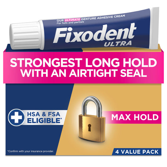 Fixodent Ultra Max Hold Secure Denture Adhesive Cream for Full and Partial Denture Wearers, 2.2oz (Pack of 4)