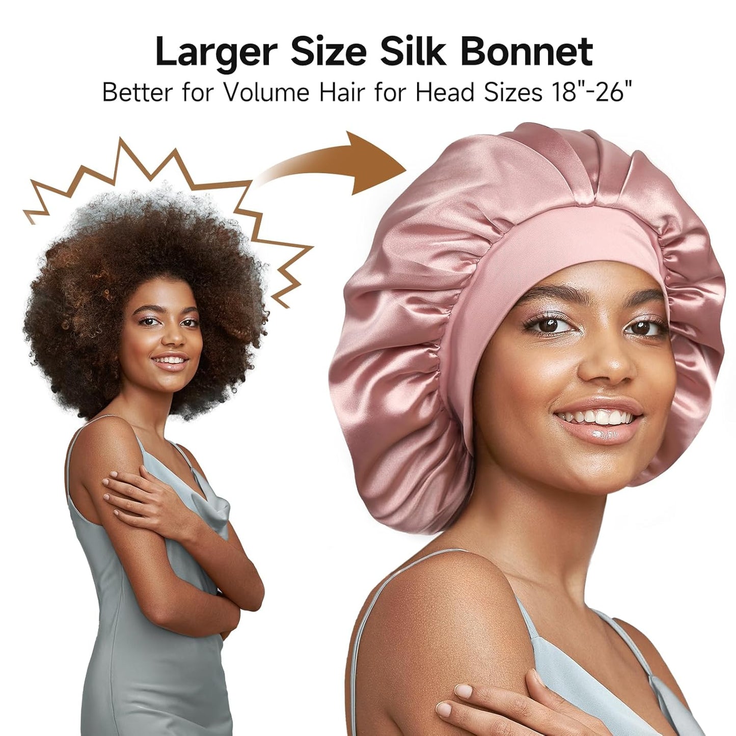 22 Momme Mulberry Silk Bonnet for Women - Double-Sided Non-Slip Sleep Cap for Long Curly Hair, Adjustable Band, Ebony