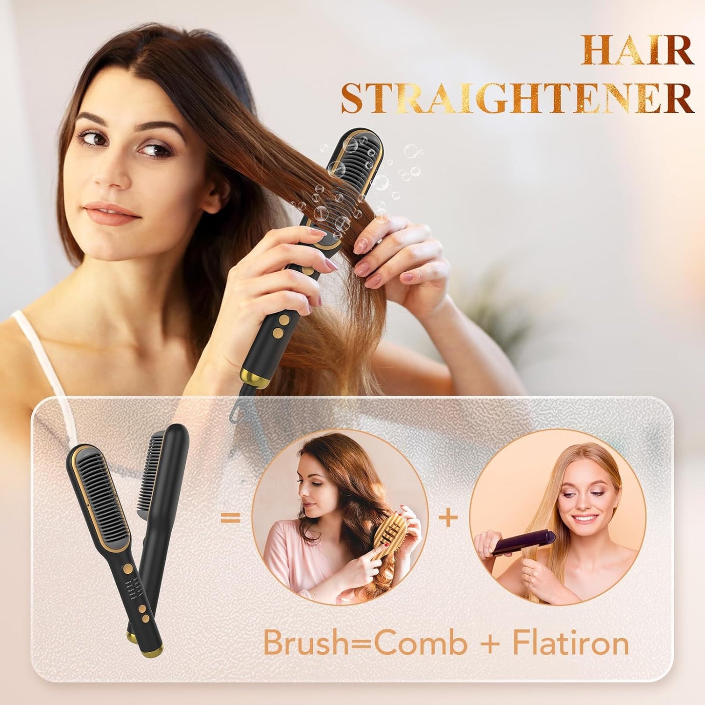 Hair Straightener Brush for Women - 200 Million Ions, 5 Temp Settings, Fast Heating, Auto Shut-Off, Anti-Scald - Quick Home Styling