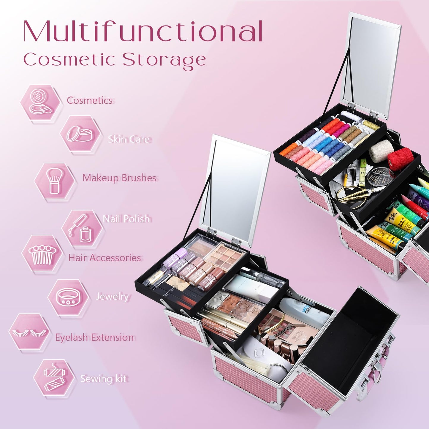 Joligrace Makeup Train Case Makeup Case Organizer Portable Cosmetic Box Storage with 2 Trays Mirror Locking Make Up Travel Case for Nail Kits Cosmetics Craft Traveling Makeup Box Mermaid Pink
