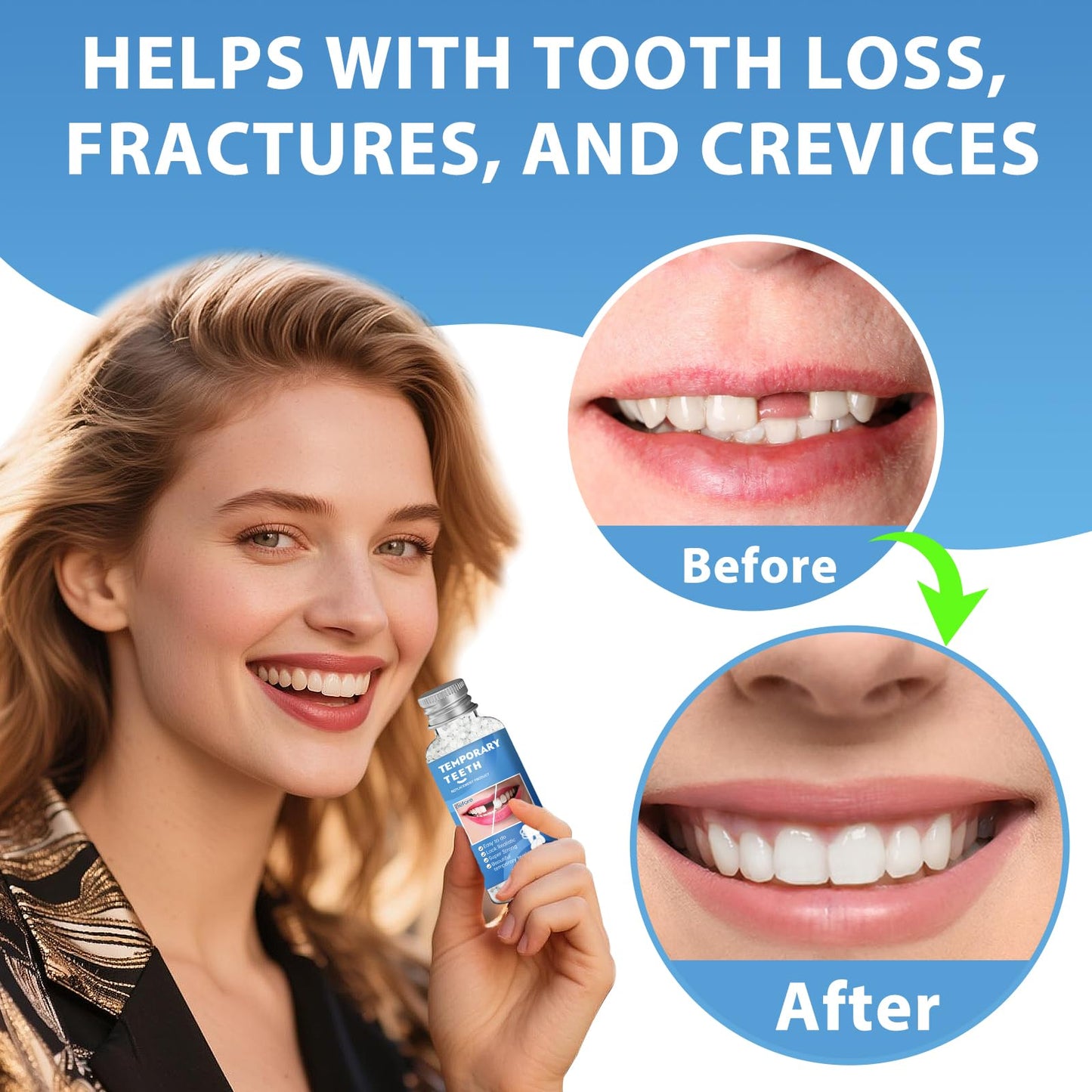 Tooth Repair Kit, Moldable False Teeth Beads for Teeth Repair, Suitable for Missing, Cracked DIY Denture Kit, 1PCS