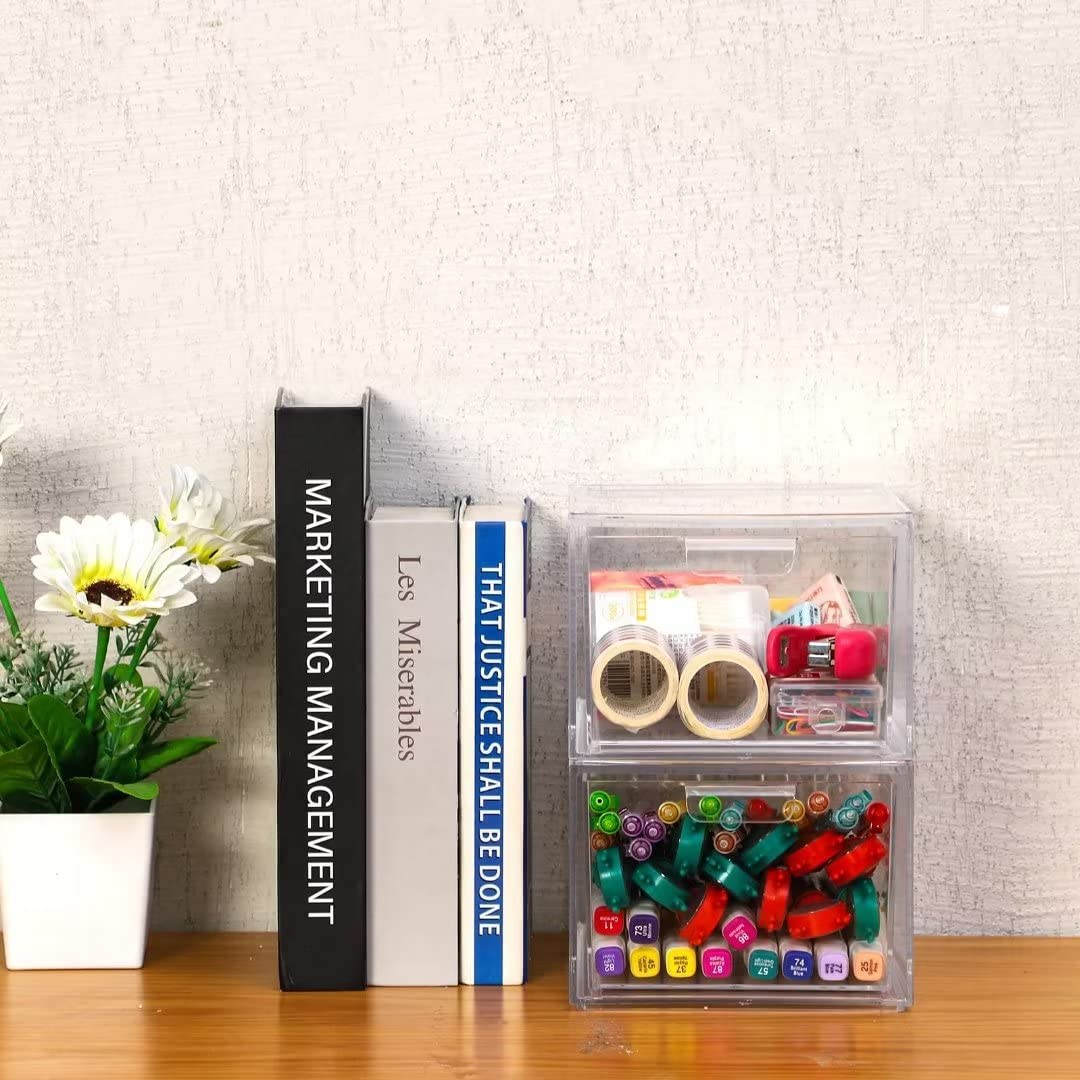 Cq acrylic Stackable Storage Drawers Set of 2,Under Cabinet Stackable Bins and Pull out Drawers Storage Container,4.4'' Tall Clear Plastic Organizer Bins for Makeup,Beauty Product,Machine Organizing