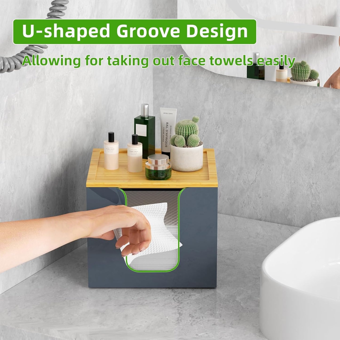 VITVITI Acrylic Face Towel Holder Box - Large Disposable Towel Storage with Bamboo Lid for Bathroom & Vanity