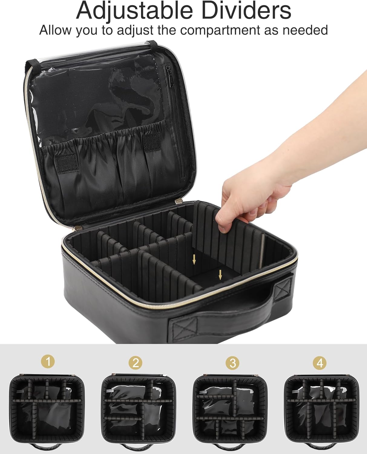 Relavel Portable Travel Makeup Case Organizer with Adjustable Dividers - Black Cosmetic Storage for Brushes, Toiletries & Jewelry