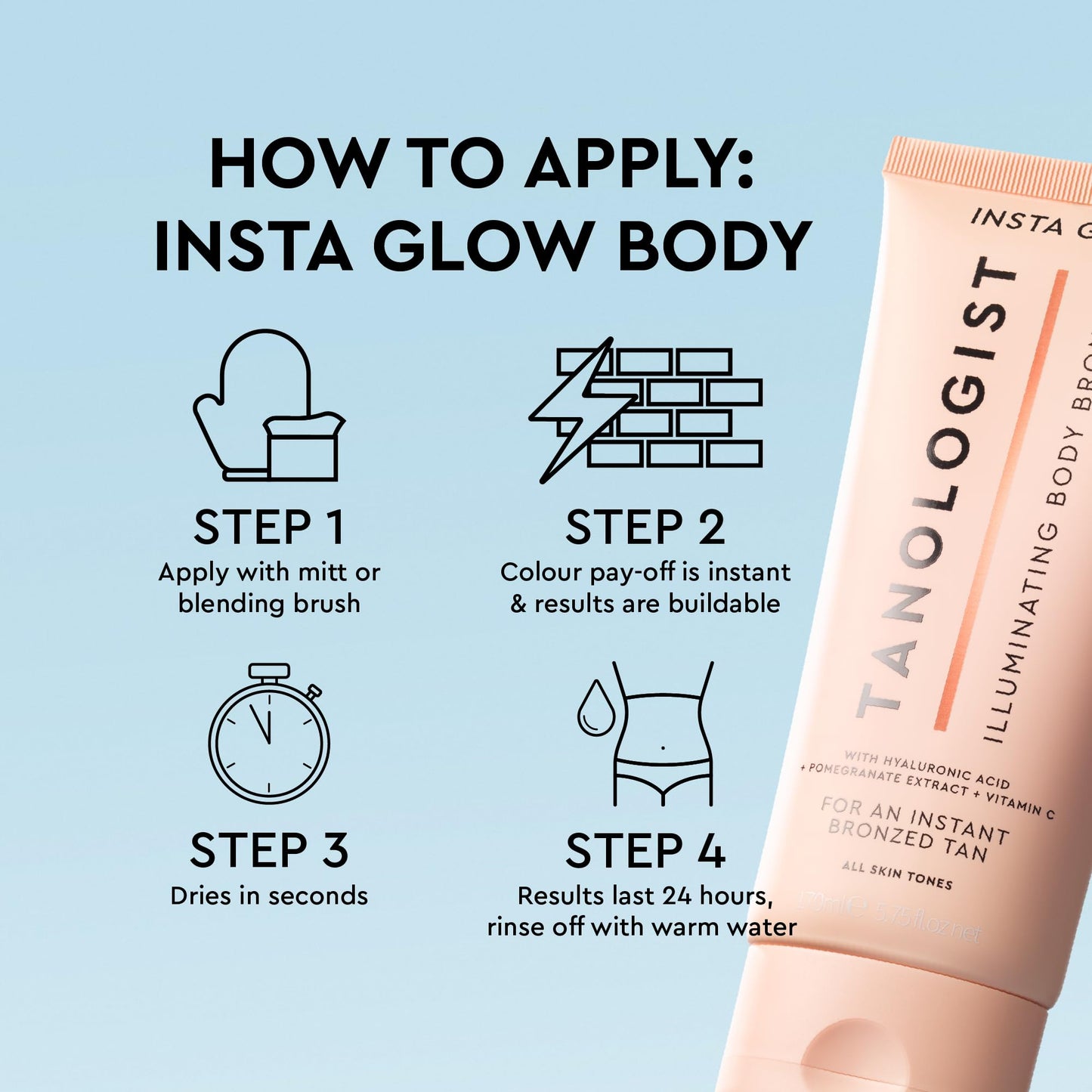 Tanologist Insta Glow Body Bronzer, Instant Illuminating Self-Tan, Hyaluronic Acid & Vitamin C, Streak-Free, Radiant Finish For All Skin Tones, 5.75 fl oz/170 ml Tube