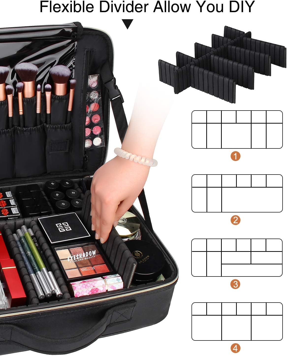 Relavel Portable Travel Makeup Case Organizer with Adjustable Dividers - Black Cosmetic Storage for Brushes, Toiletries & Jewelry
