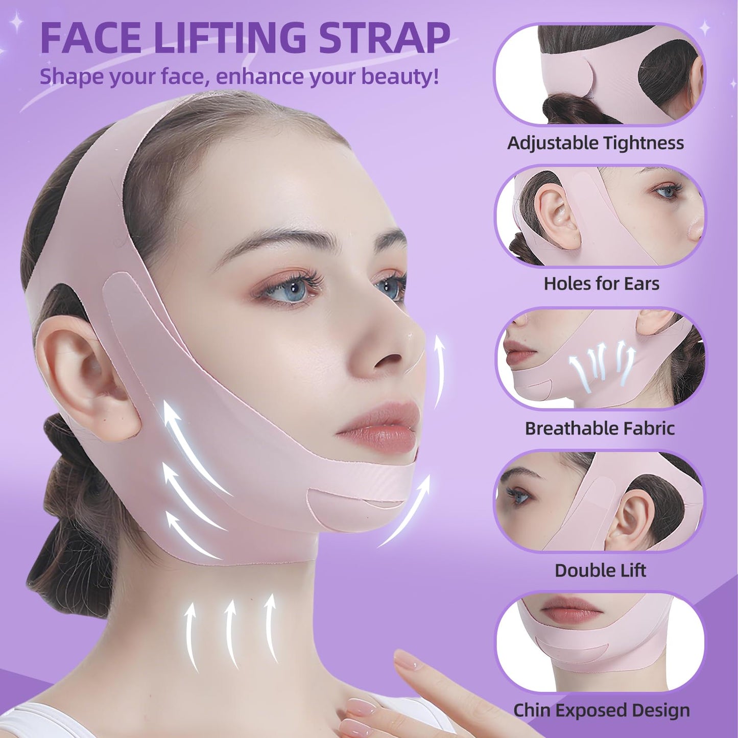 PRAVETTE Facial Lifting Belt - V Line Lifting Mask Chin Strap,Face Lift Tape with Adjustable Straps, V-Shaped Double Chin Reducer, 3D Contoured Design for Facial Shaping,Jawline Shaper and Sleeping