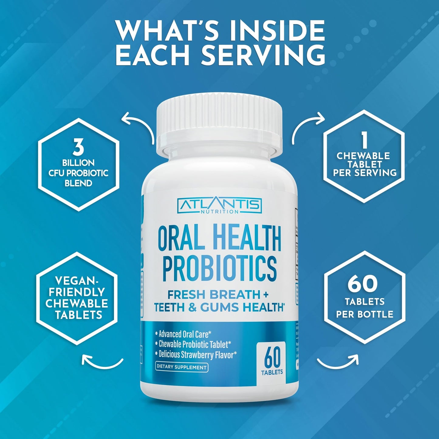 Atlantis Nutrition Oral Probiotics Chewable Tablet - Dental Probiotic for Gum Care & Teeth Care - Bad Breath Treatment for Adults - 3 Billion CFU Probiotic Blend - Strawberry Flavor - 60 Tablets