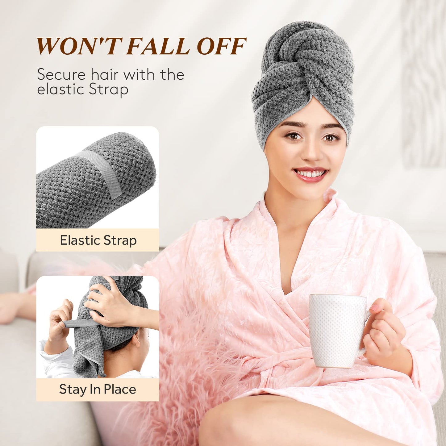 YFONG Large Hair Towel Wrap for Women, Soft Microfiber Hair Towel for Curly Hair, Fast Drying Hair Turbans with Elastic,Hair Drying Towel Wrap for Hair Care Anti Frizz 26.3" X 40" (Dark Gray)