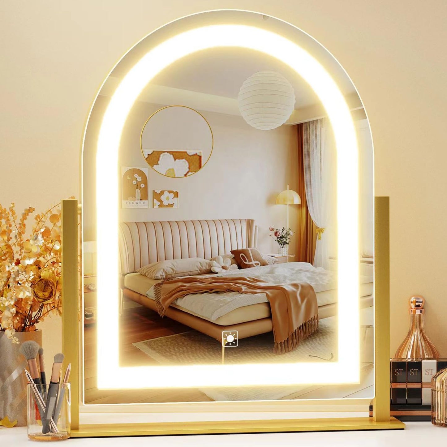 Gvnkvn Arched Makeup Vanity Mirror with Lights 17.2" Large LED Lighted Mirror, Hollywood Make Up Mirror with Lighting, Smart Touch,Detachable 5X Magnification 360° Rotation, (Gold,Gift Box)