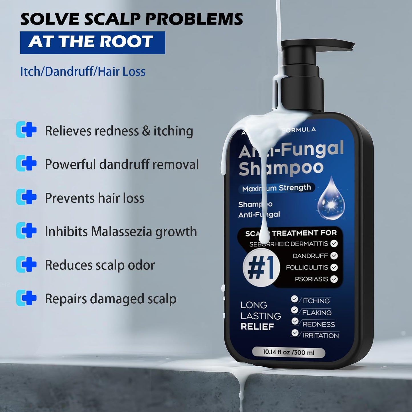 Antifungal Shampoo for Seborrheic Dermatitis, Folliculitis & Scalp Psoriasis, Anti-Dandruff Shampoo for Men & Women, Relieves Scalp Itching, Dryness, Sulfate & Paraben-Free, 10.1 Fl Oz