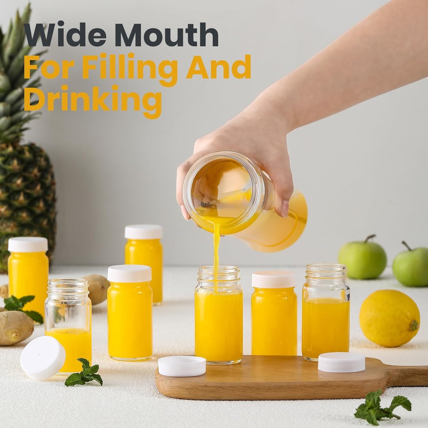 20 Pack Mini Glass Shot Bottles 2 oz with Lids & Labels - Leakproof Travel Jars for Juice, Whiskey, Wellness Shots